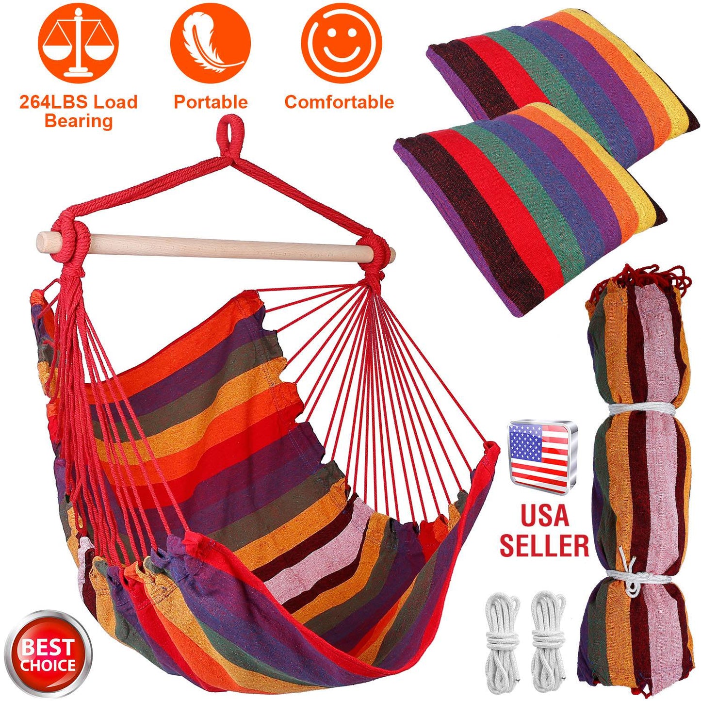 Hanging Hammock Chair with Pillows – 265 lbs Capacity
