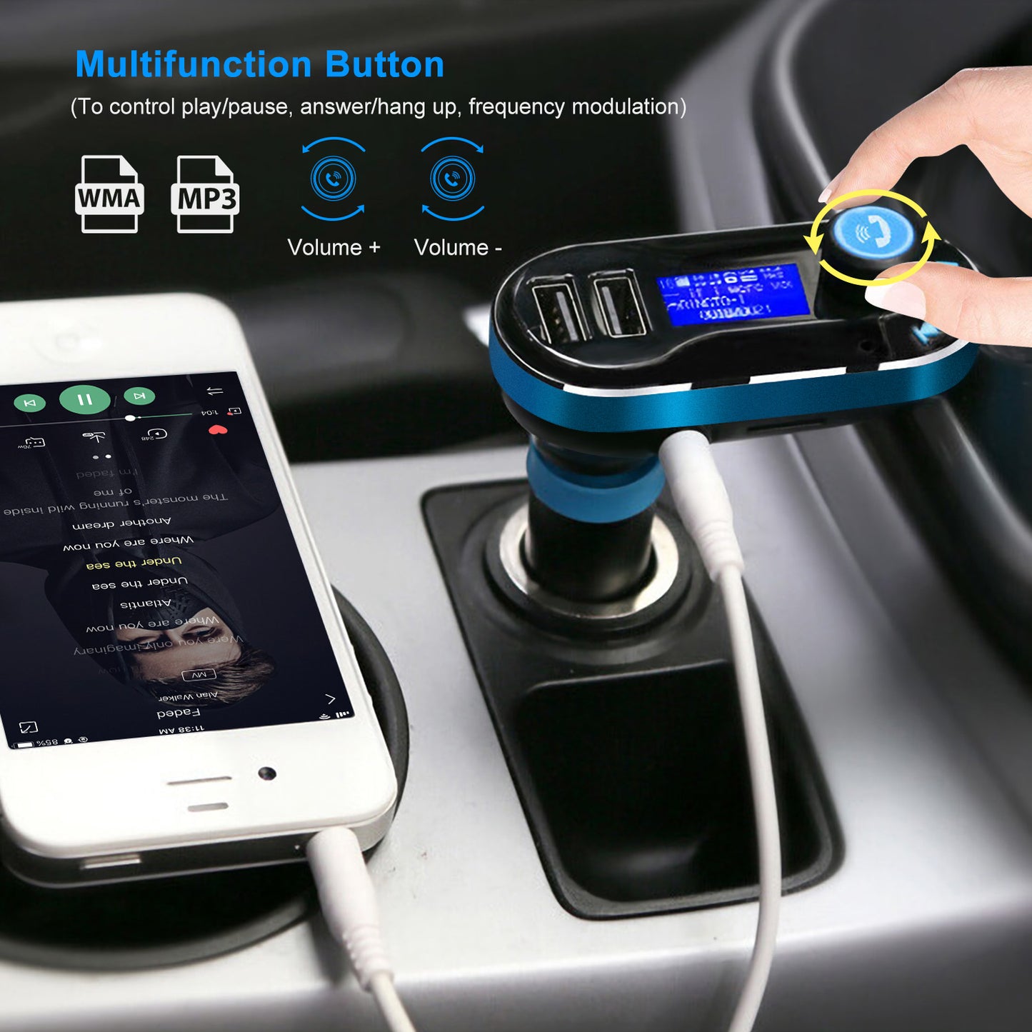 FM Transmitter with Dual USB Charger & Hands-Free Calling