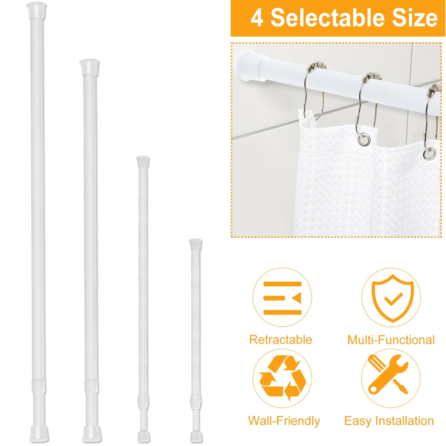 Tension Curtain Rod Adjustable Spring-Loaded Steel Pole