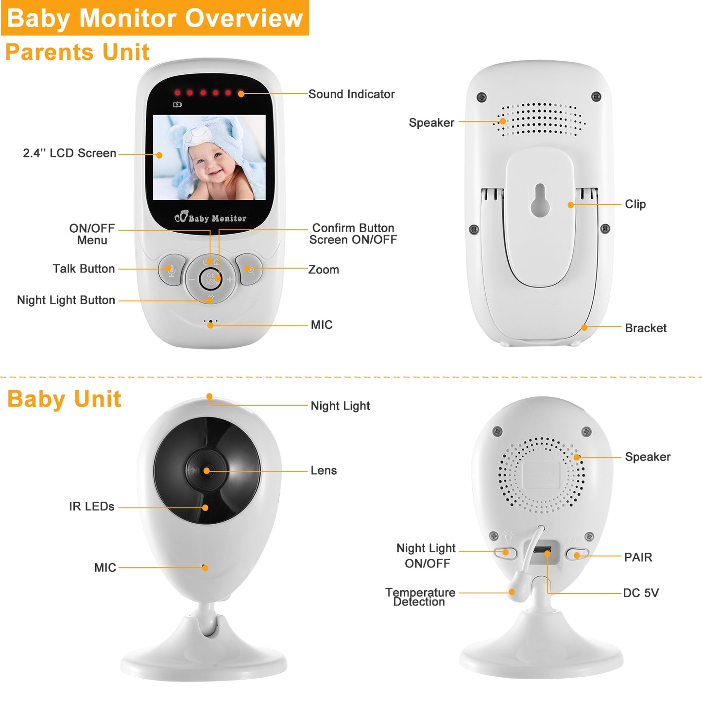 Video Baby Monitor with 2.4" LCD Screen and Night Vision