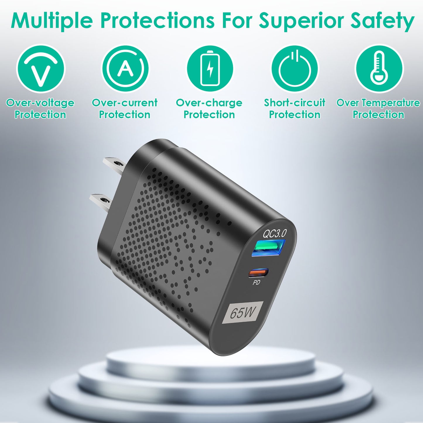 65W USB-C Fast Wall Charger with Dual Port PD 3.0