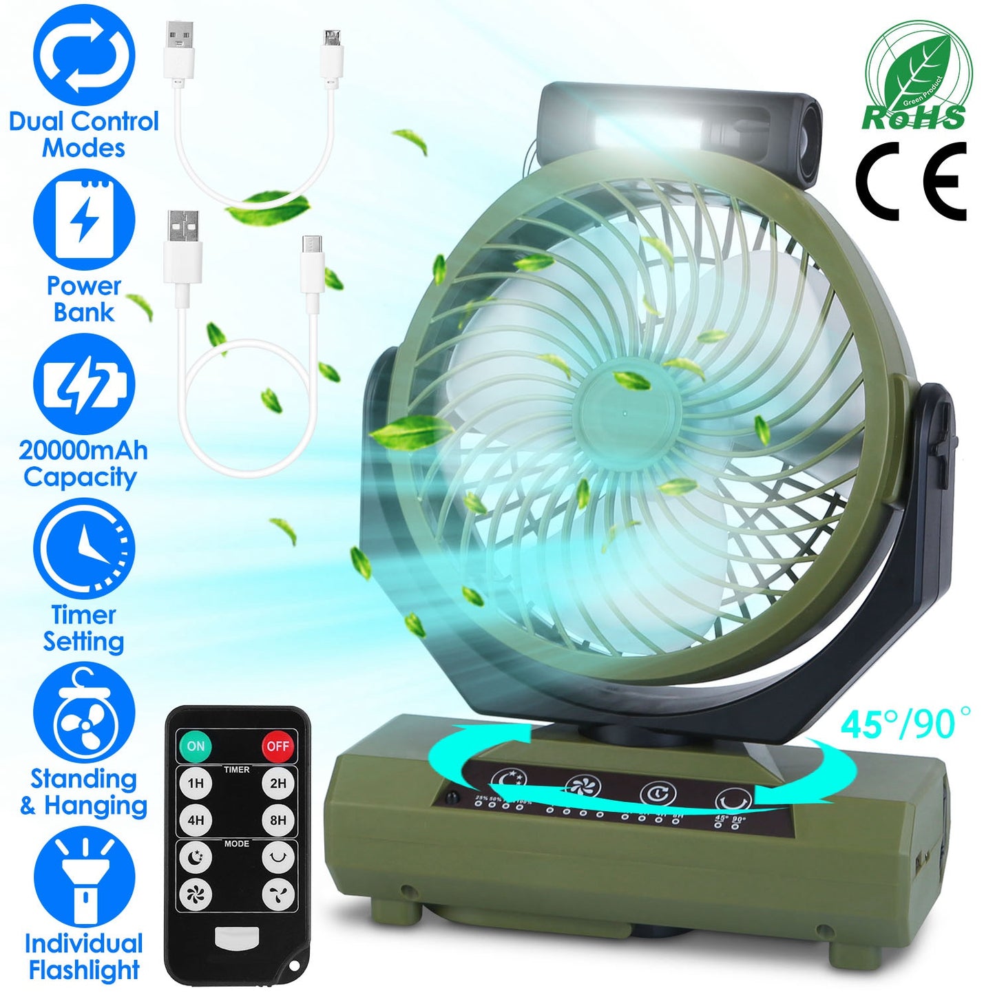 Rechargeable Camping Fan with Flashlight & Power Bank 20000mAh
