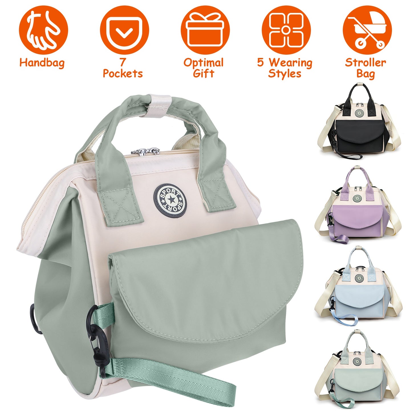 Diaper Bag with 6 Pockets and Detachable Small Bag