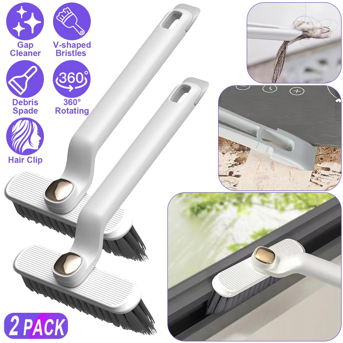 Rotating Crevice Cleaning Brush Set with Hair Clip Tool