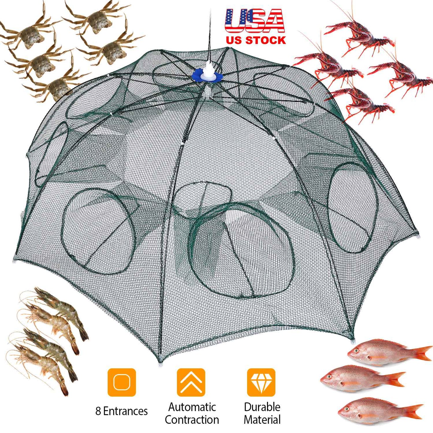Foldable Fishing Bait Trap with 8 Entrances for Crab & Shrimp