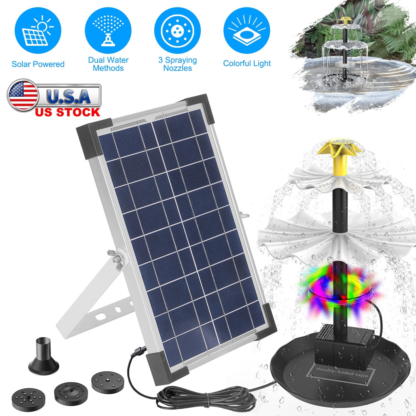 Solar Bird Bath Fountain with LED Lights & Battery Backup