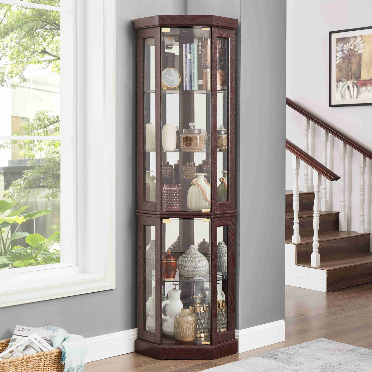 5-Tier Lighted Corner Curio Cabinet with Adjustable Glass Shelves