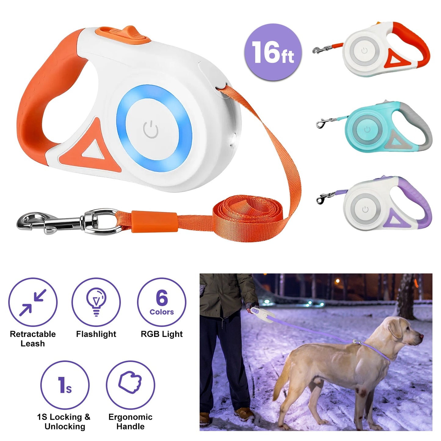 Retractable Dog Leash 16FT with LED Flashlight & Waste Bags
