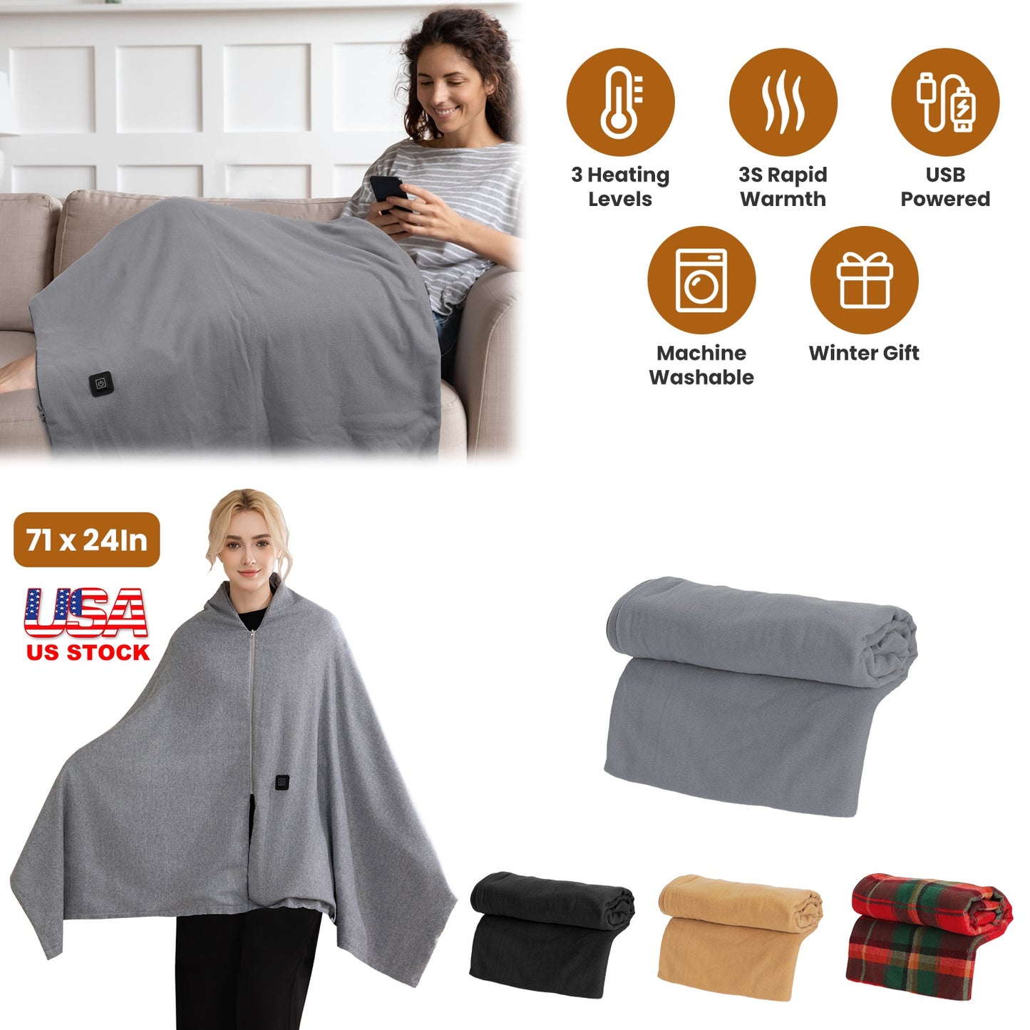 USB Heated Shawl with 3 Heat Levels and Zipper