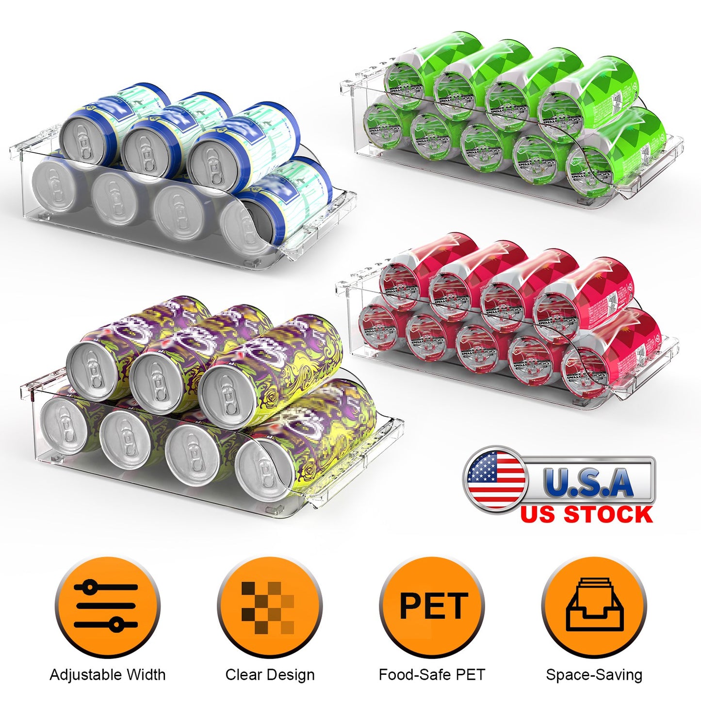 Adjustable Soda Can Organizer for Refrigerator - 4 Pack Clear