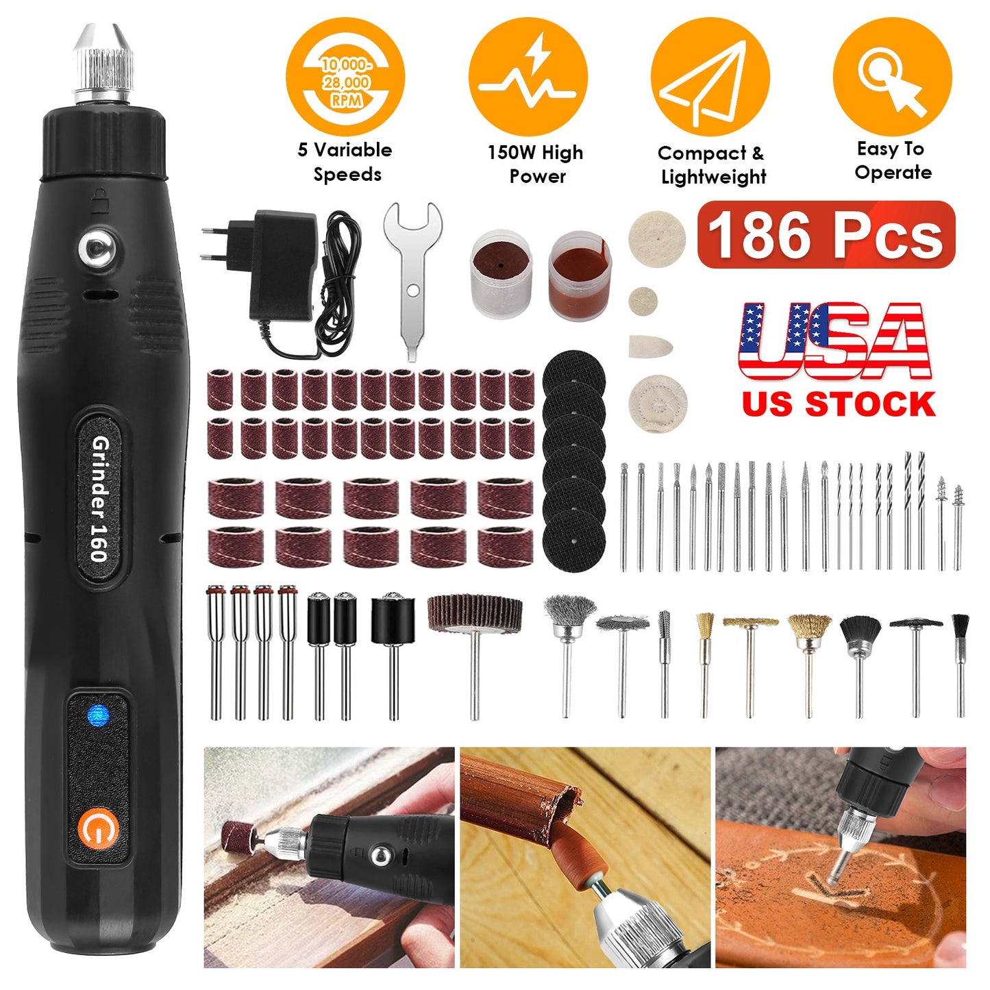Corded Rotary Tool Set 186-Piece with 5 Variable Speeds