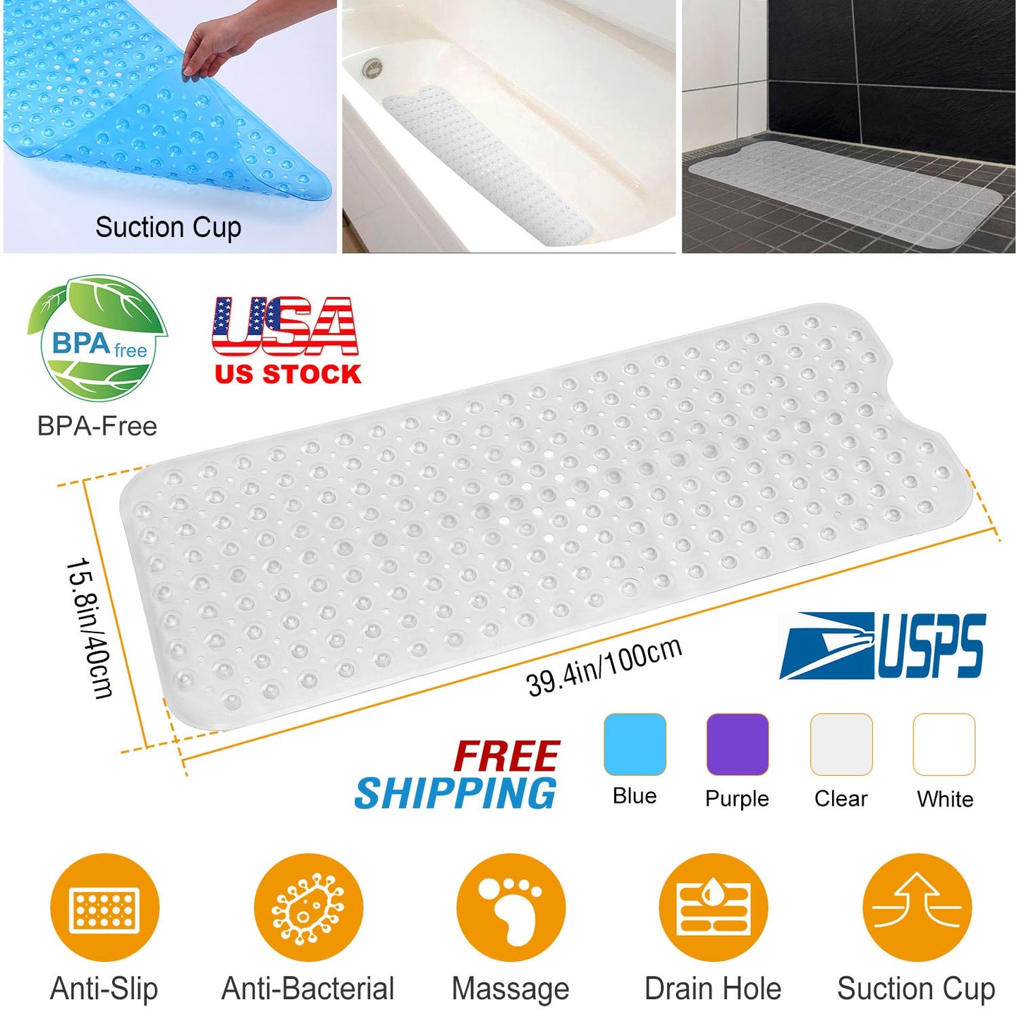 Non-Slip Bath Mat with Suction Cups and Massage Texture