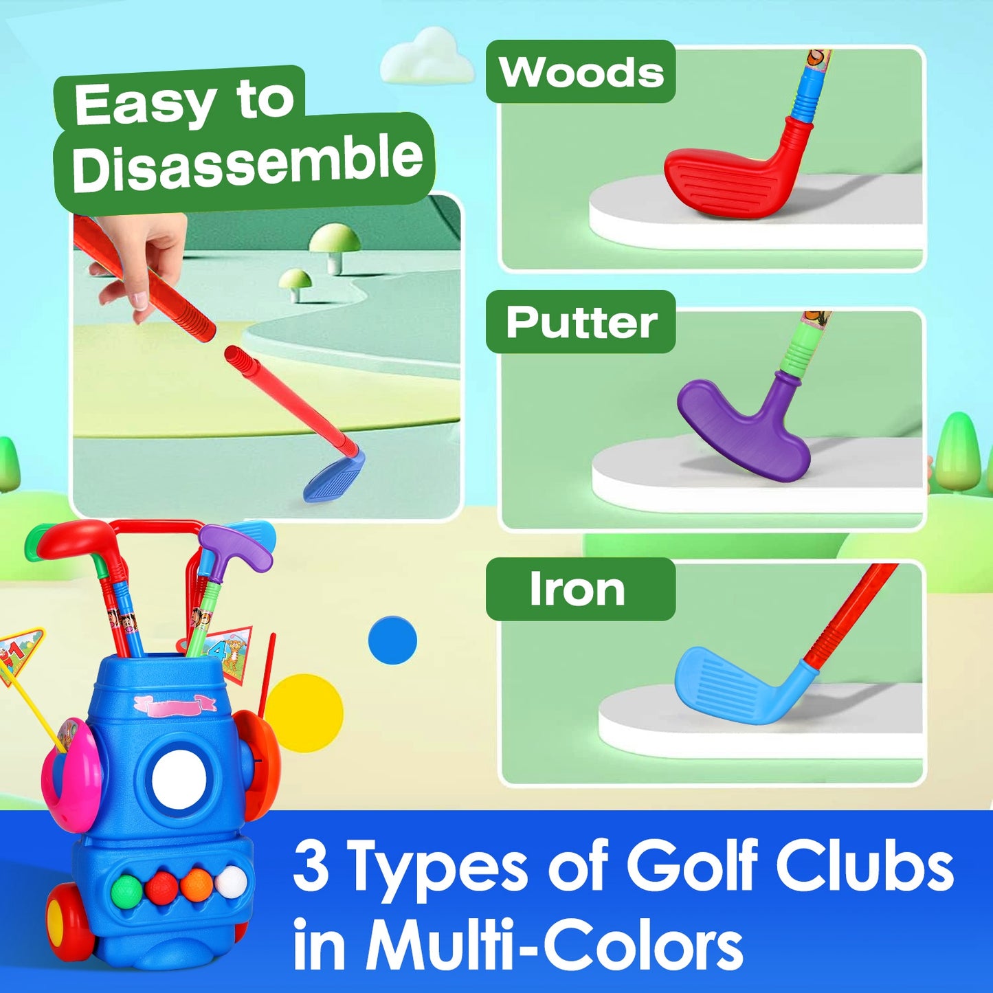 Toddler Golf Set with Cart, 4 Clubs, Balls & Flags