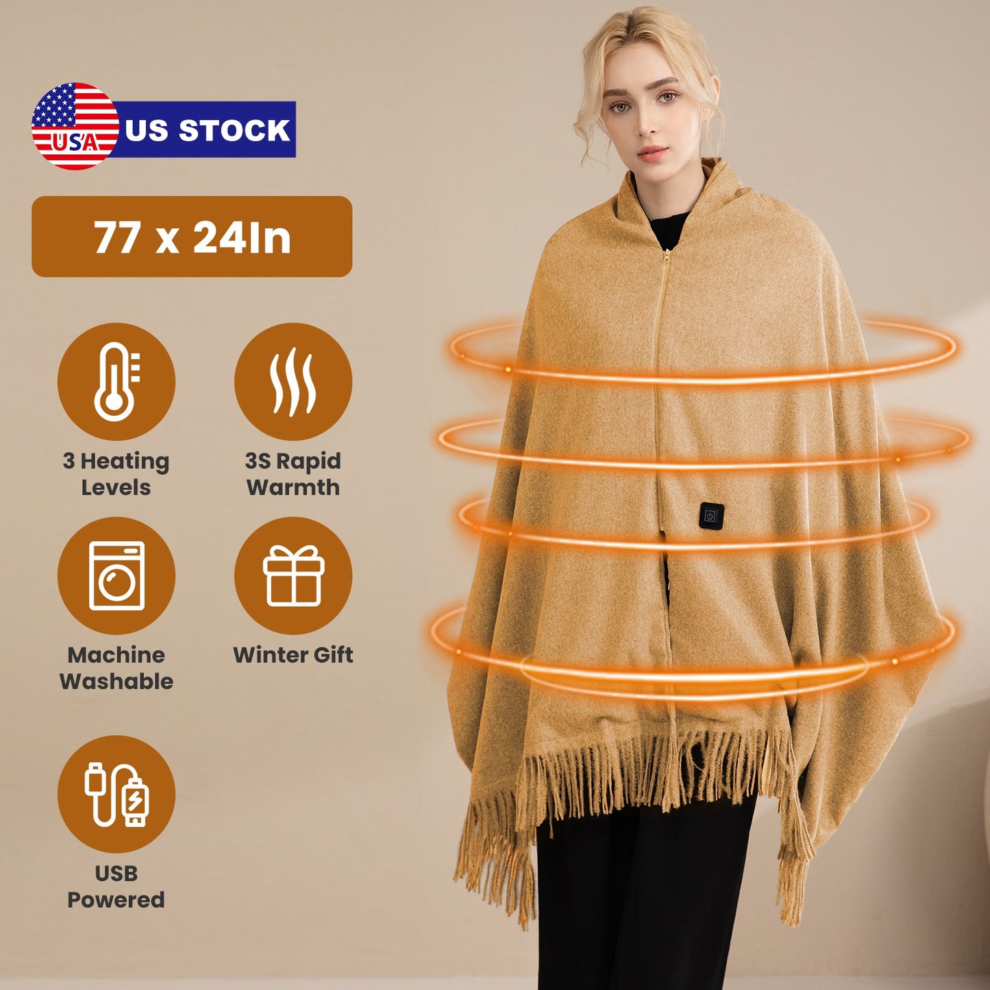 USB Heated Shawl with 3 Heat Levels and Zipper