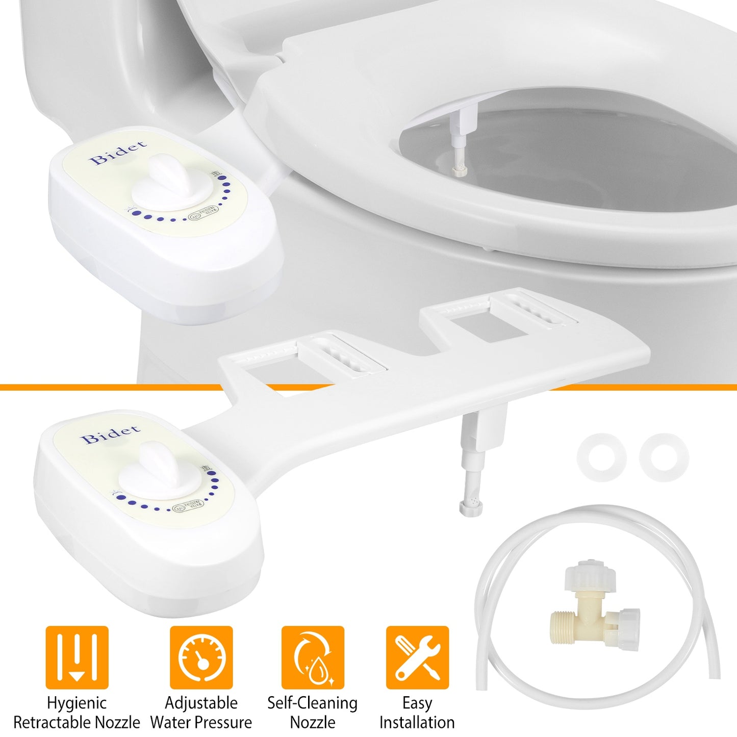 Non-Electric Bidet Attachment with Adjustable Water Pressure
