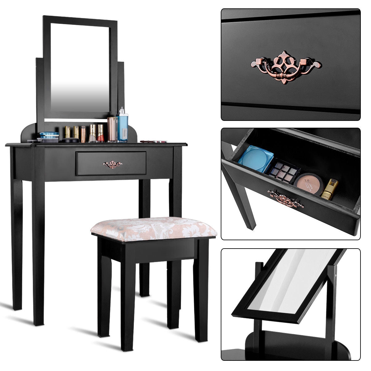Vanity Dressing Table Set with Large Square Mirror and Stool