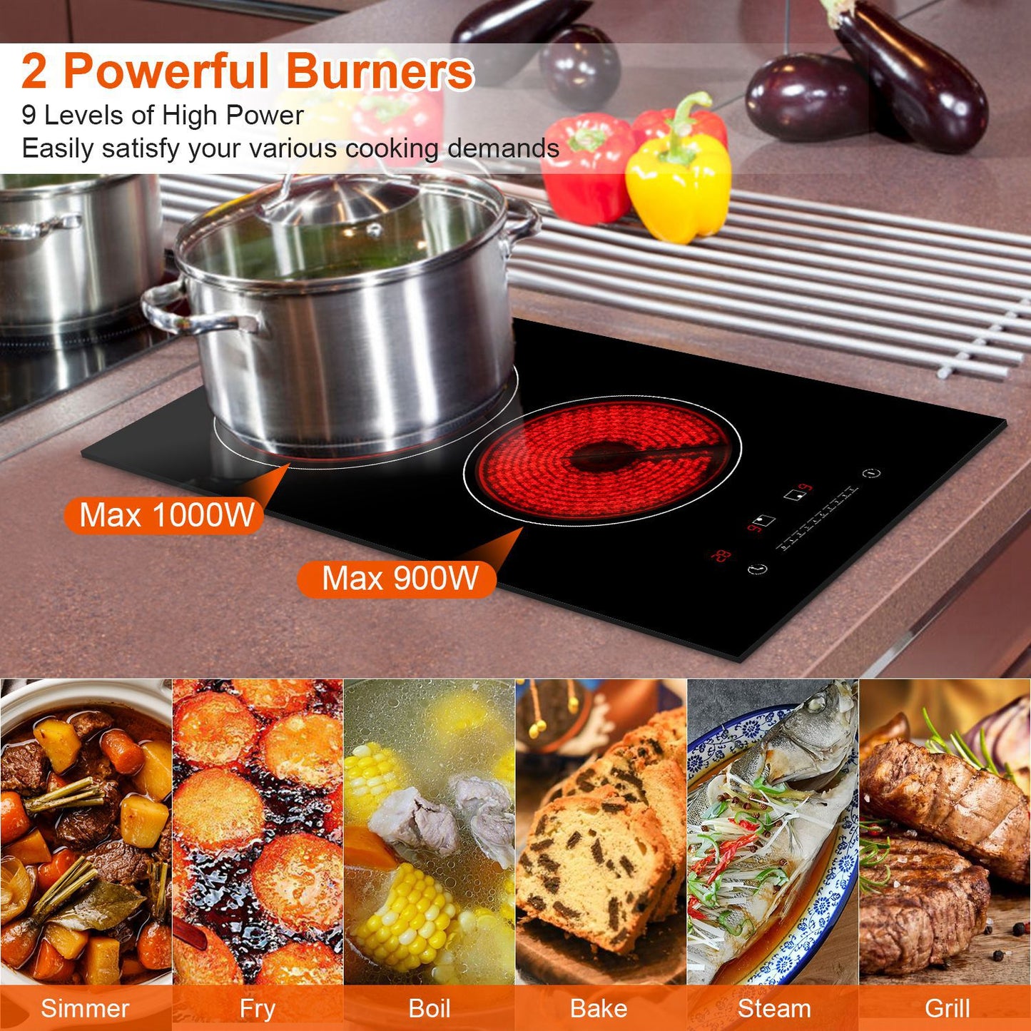 Dual Induction Electric Cooktop 1900W with Timer & 9 Power Levels