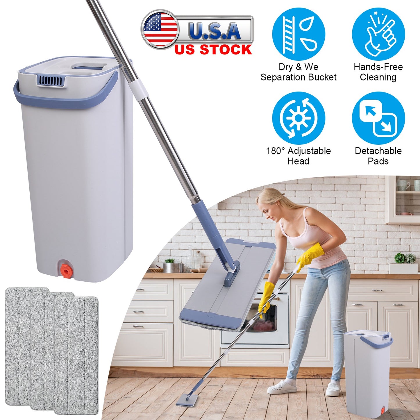 Flat Mop and Bucket Set with Wringer and 3 Microfiber Pads