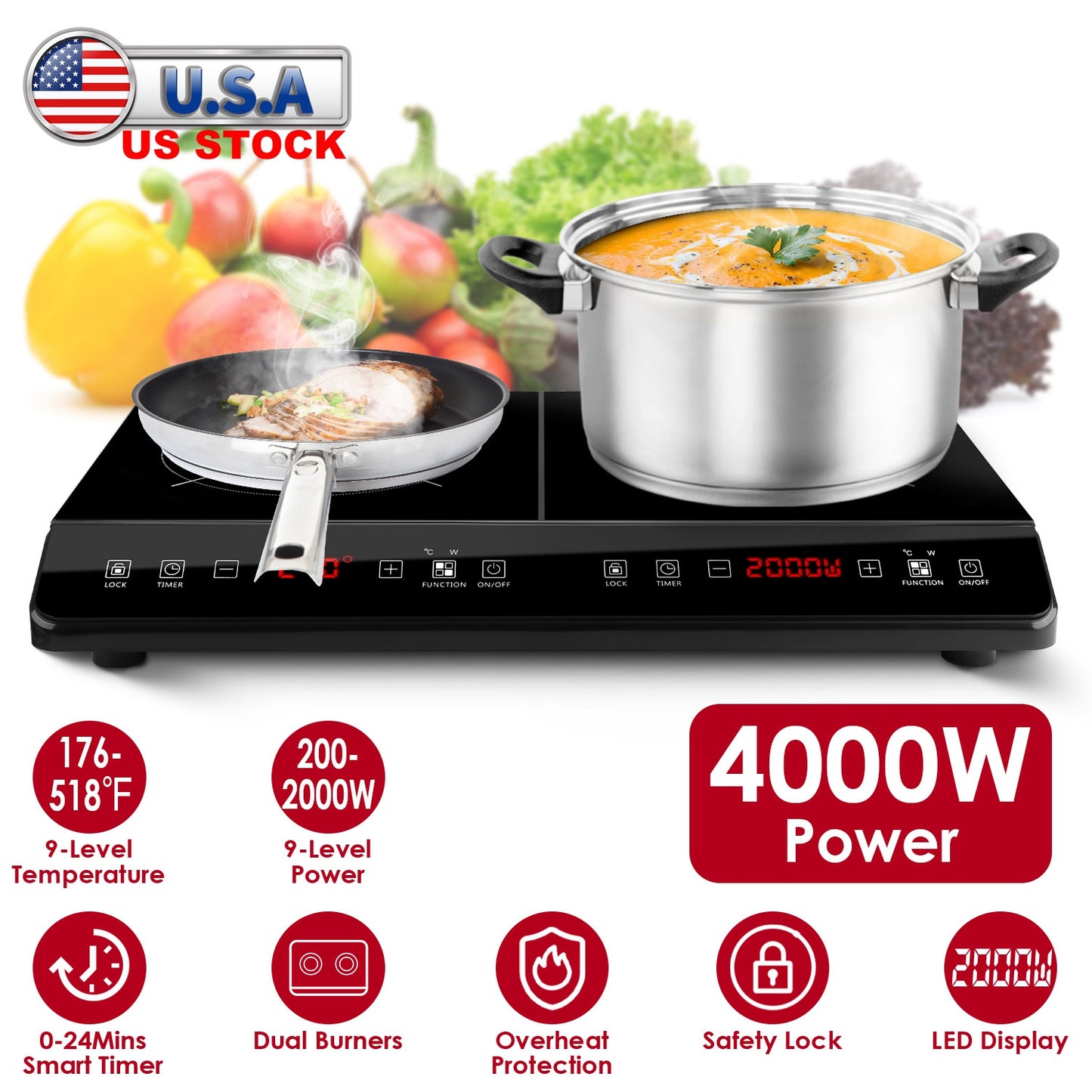 Dual Induction Cooktop 4000W Portable Electric Double Burner