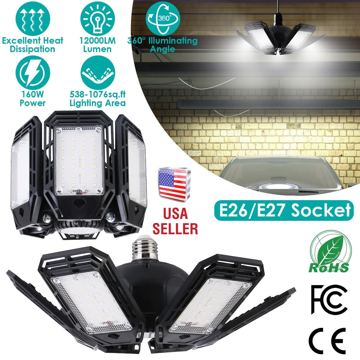 LED Garage Light 160W Deformable 6-Blade Ceiling Light