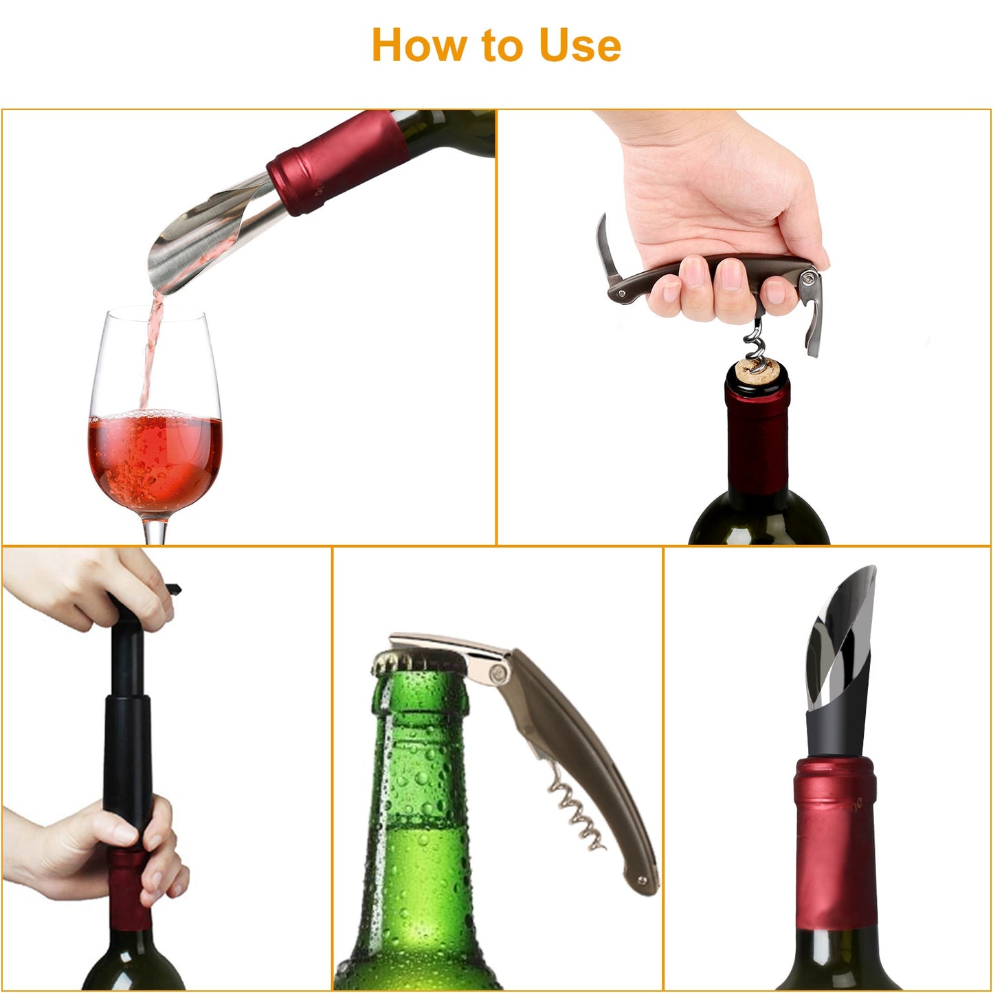 Wine Bottle Opener Set - 5 Piece Accessory Kit with Corkscrew