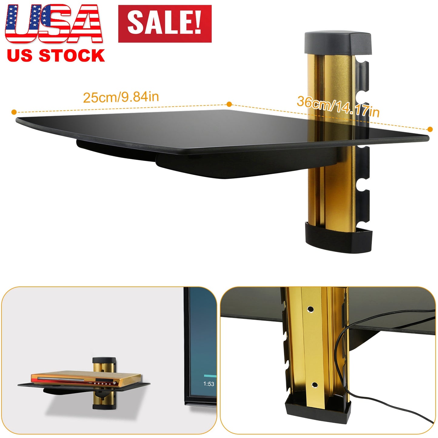 Tempered Glass Wall Shelf with Cable Management - 22lb Capacity