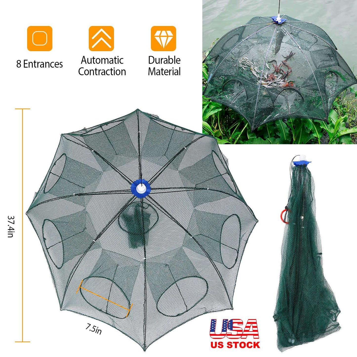 Foldable Fishing Bait Trap with 8 Entrances for Crab & Shrimp