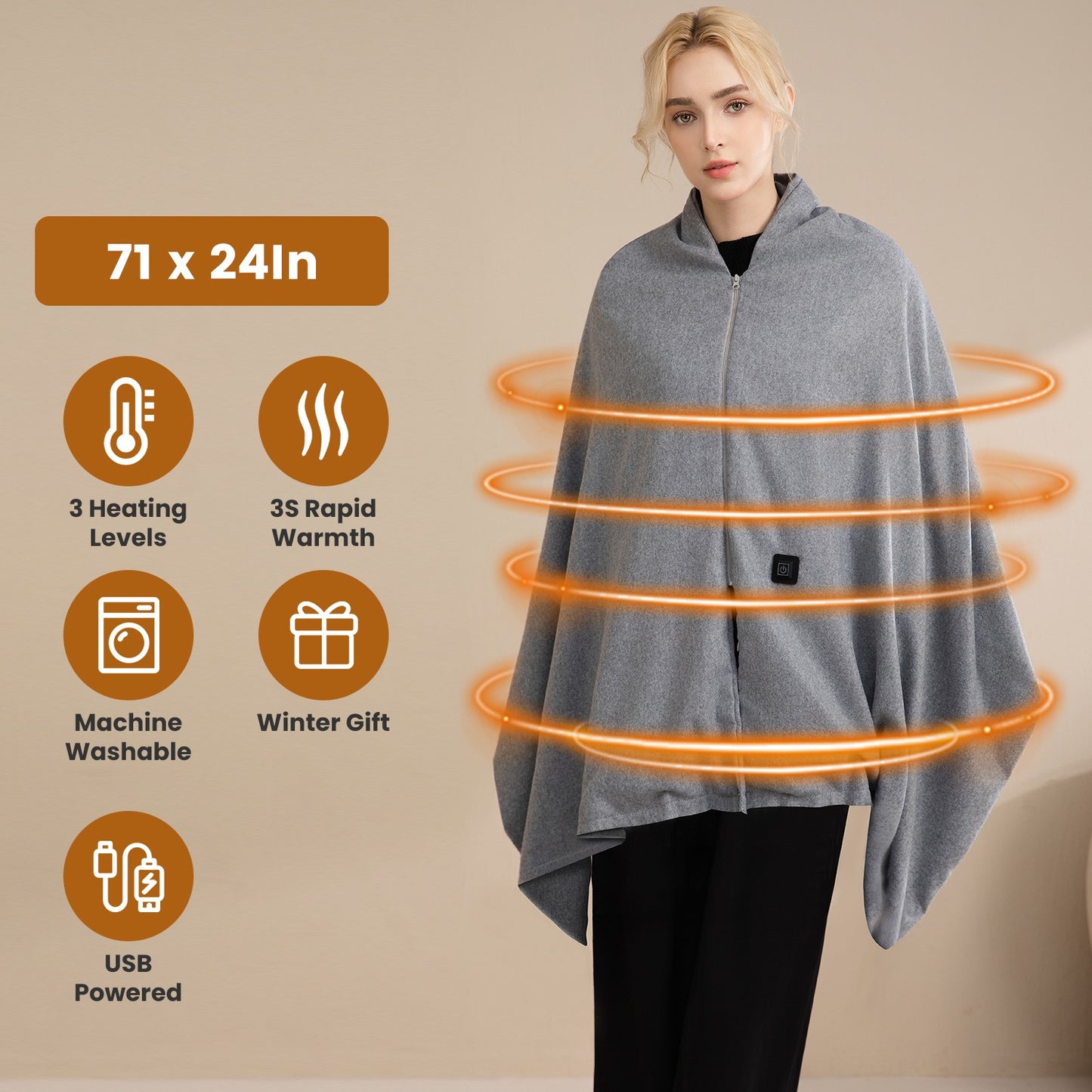USB Heated Shawl with 3 Heat Levels and Zipper