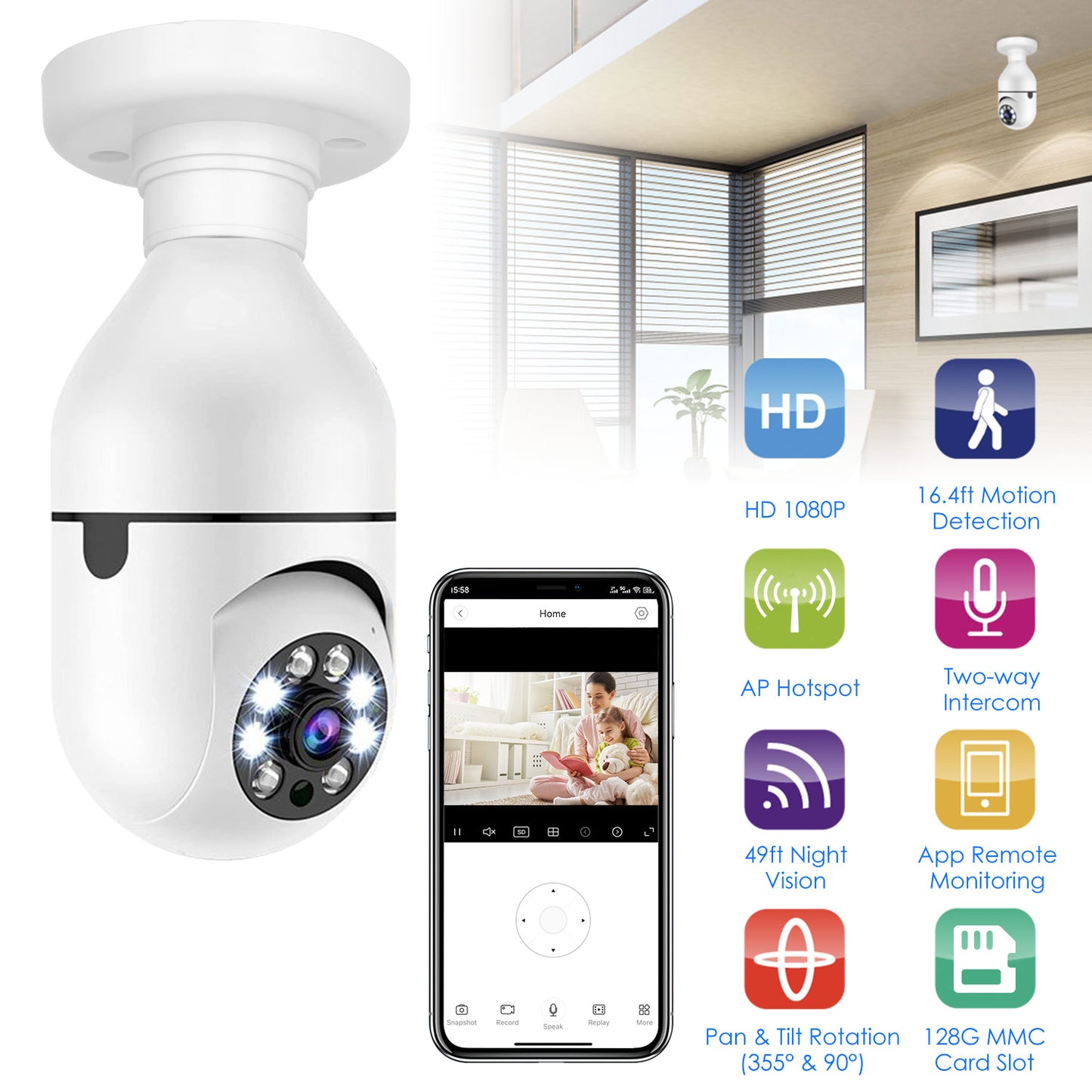 E27 WiFi Bulb Security Camera 1080P with Night Vision