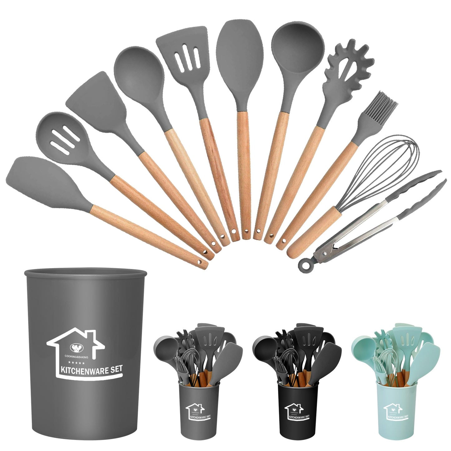 Silicone Cooking Utensil Set, 11-Piece with Wooden Handles