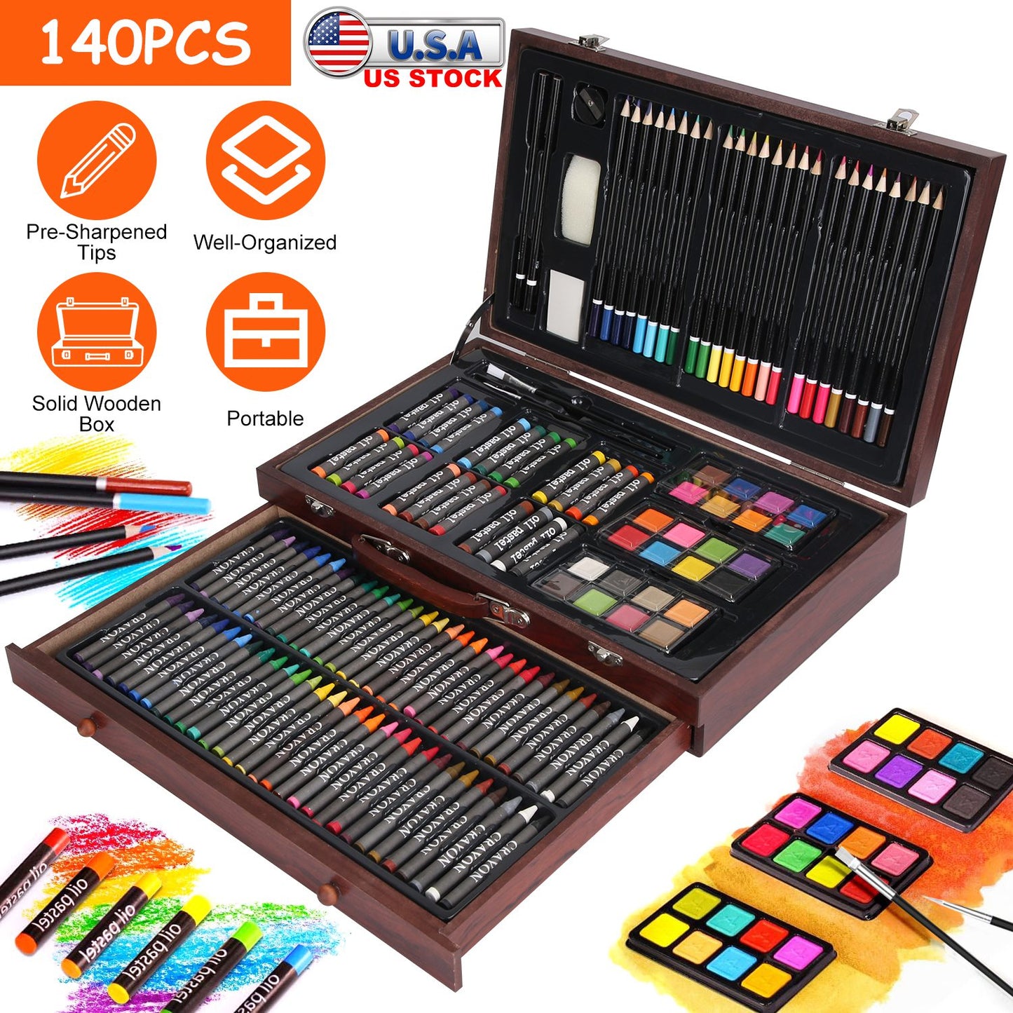 140-Piece Art Supply Set in Wooden Box with Pencils & Paints