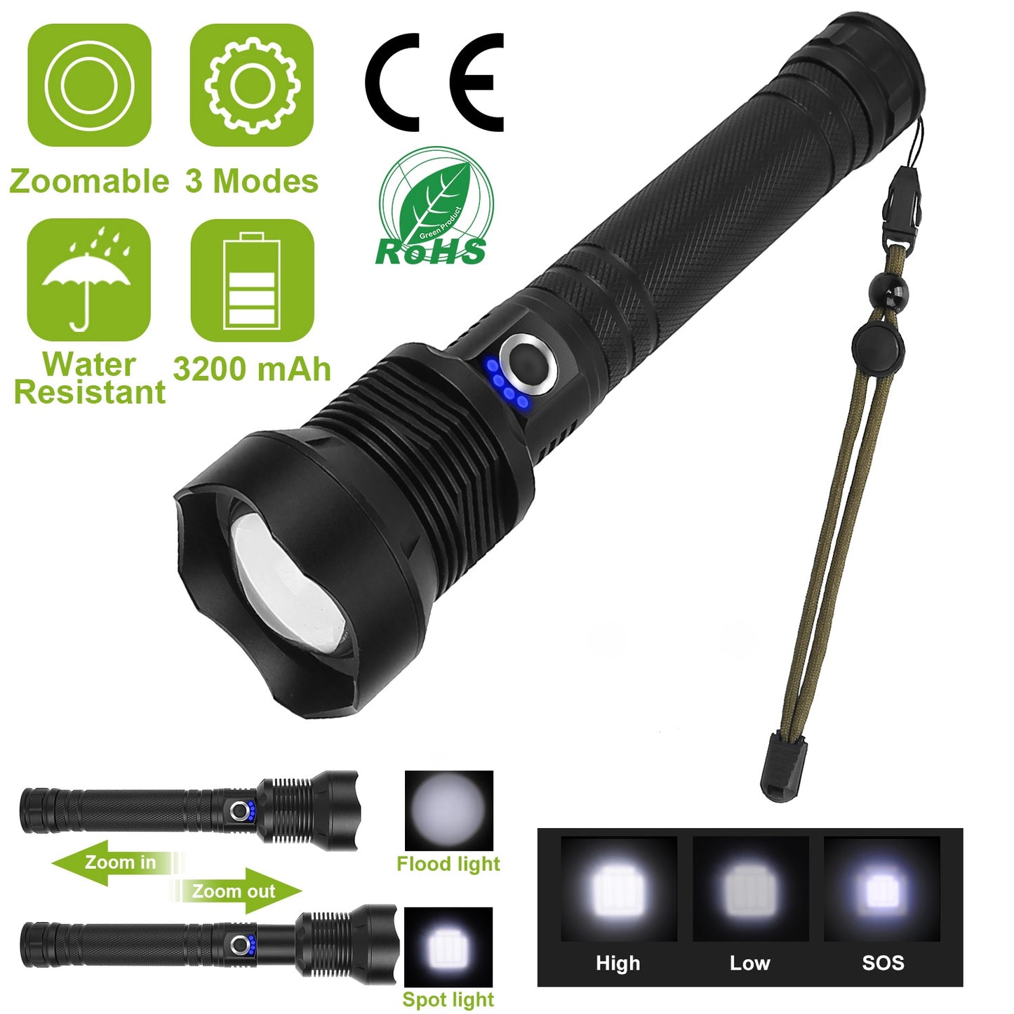 Rechargeable LED Tactical Flashlight 30000LM Zoomable