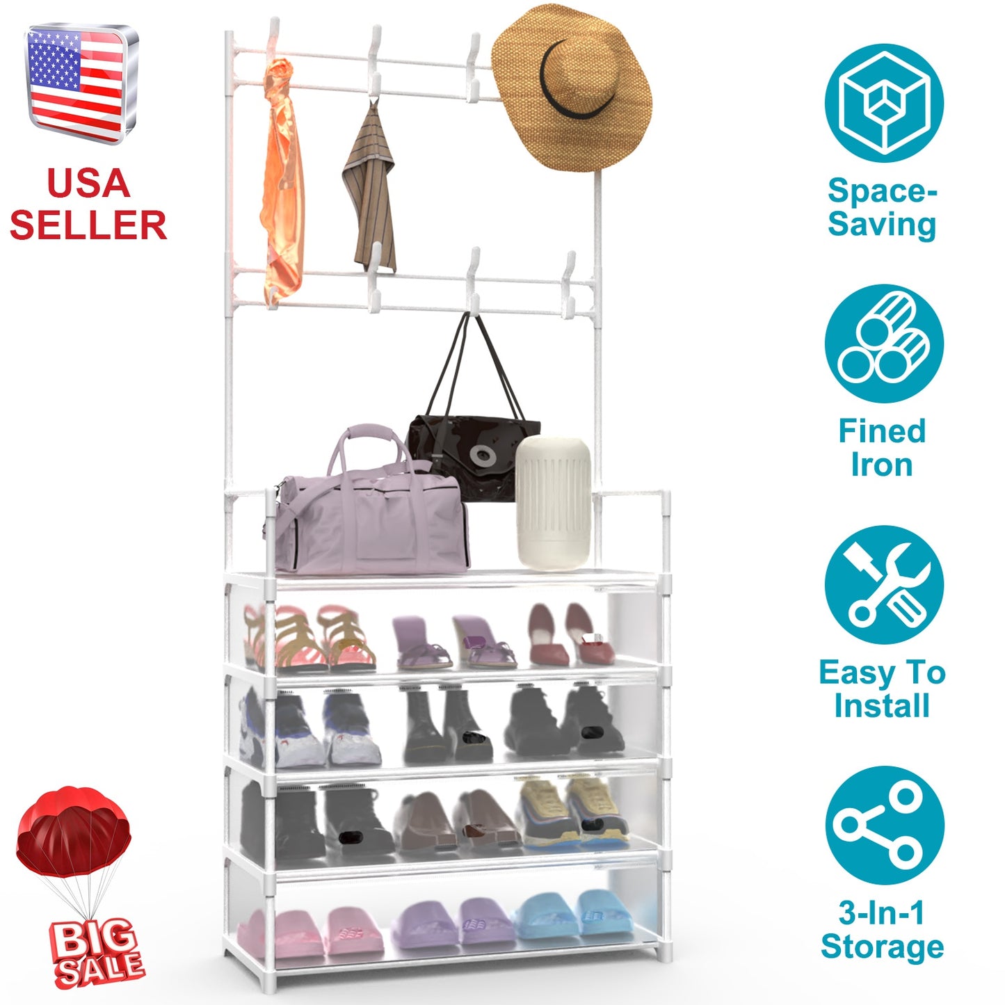 5-Tier Entryway Hall Tree with Coat Hooks & Shoe Storage