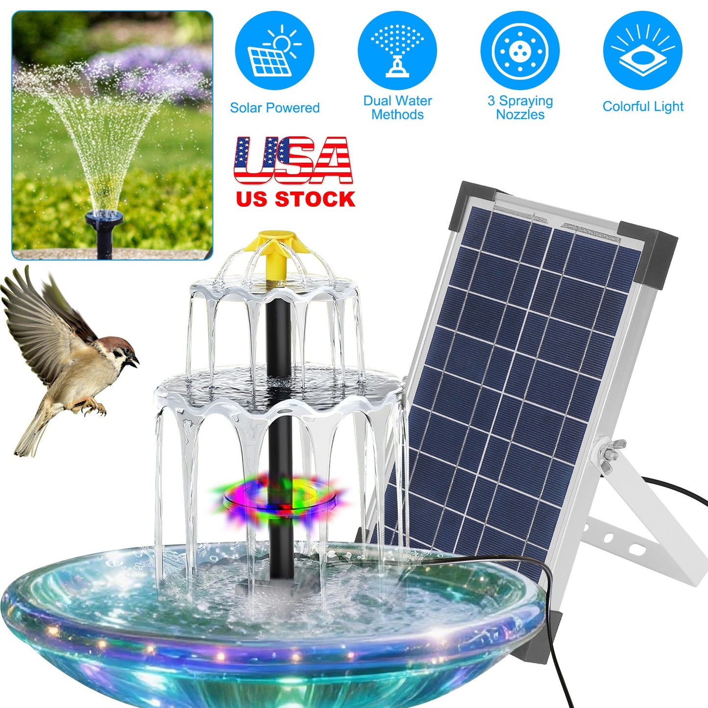 Solar Bird Bath Fountain with LED Lights & Battery Backup
