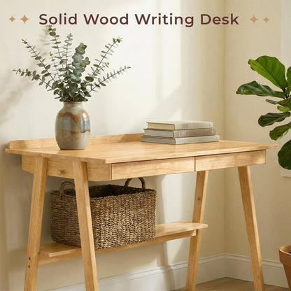 Solid Wood Writing Desk, Home Office Desk with 2 Drawers & Storage Shelf, 47.24-Inch Mid Century Modern Computer Desk wi