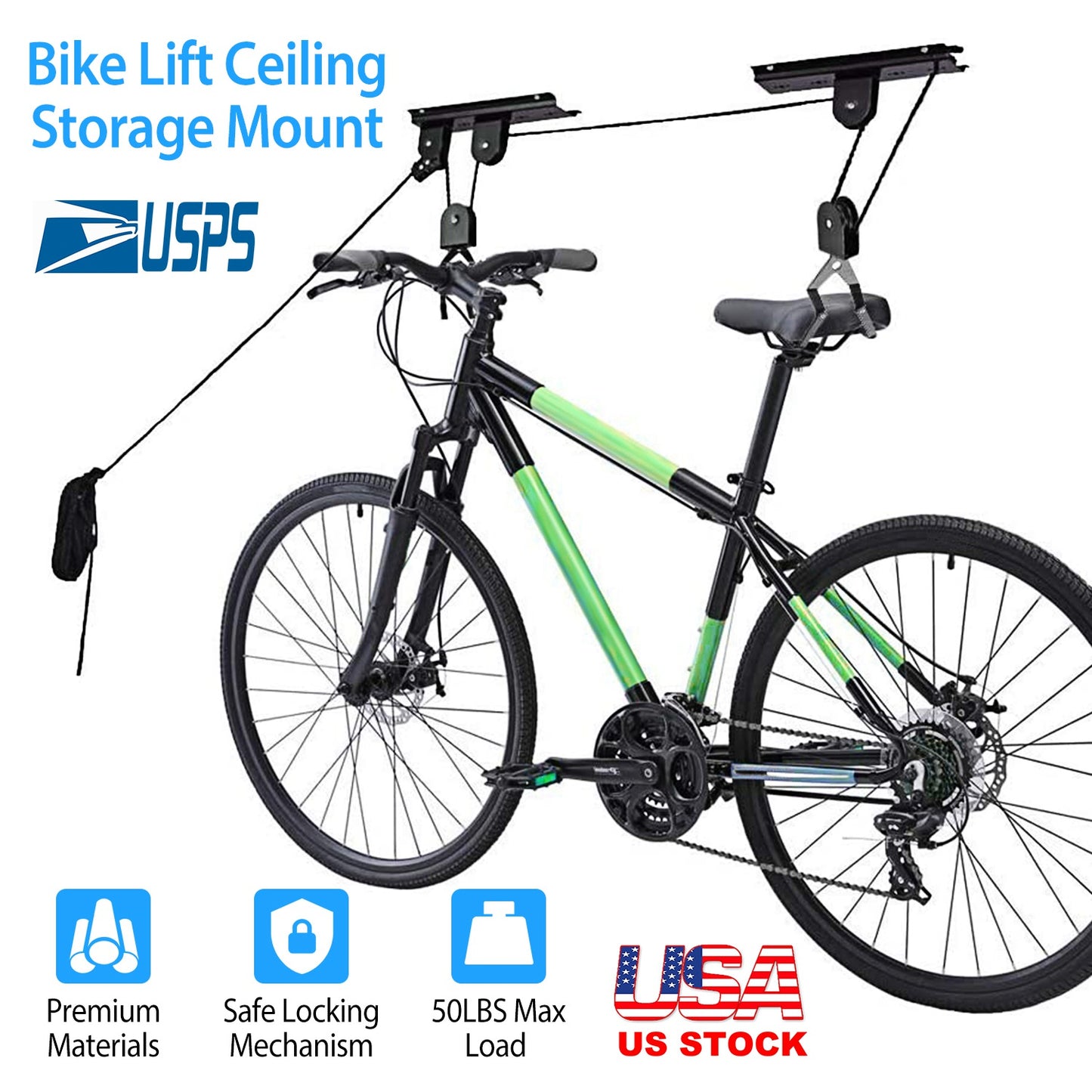 Bike Lift Ceiling Storage Hoist - 50 LB Capacity with Pulley