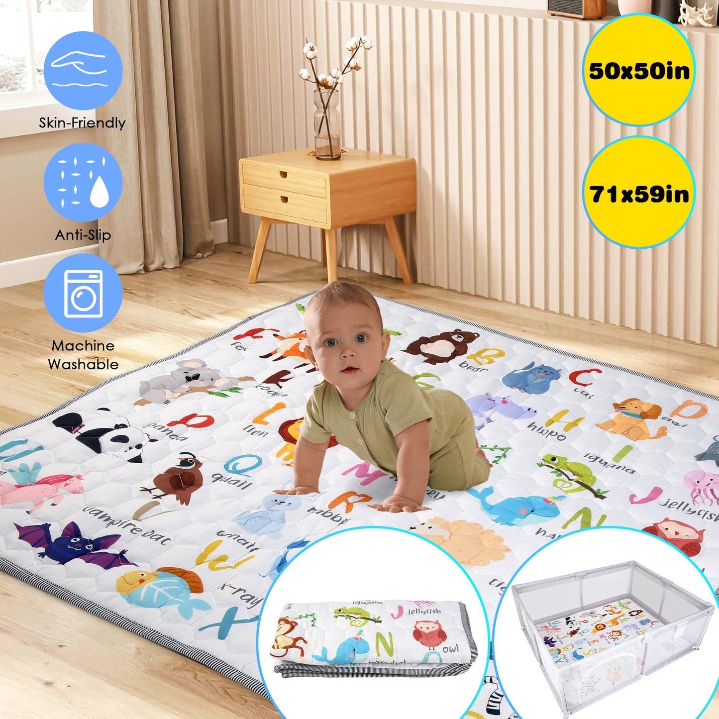 Baby Play Mat 50x50IN Non-Slip Foldable Crawling Mat