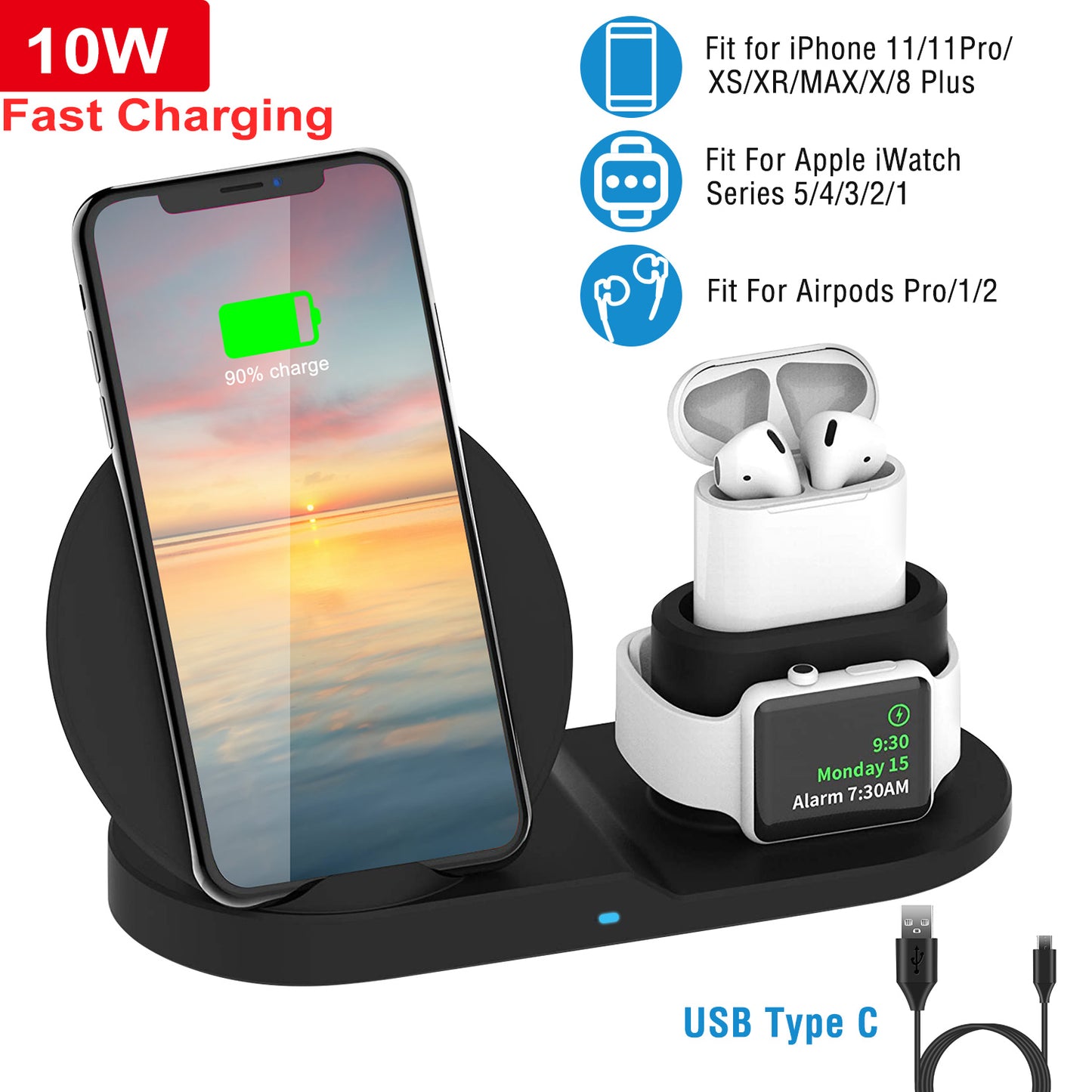 3-in-1 Wireless Charging Station 10W Fast Charge Dock