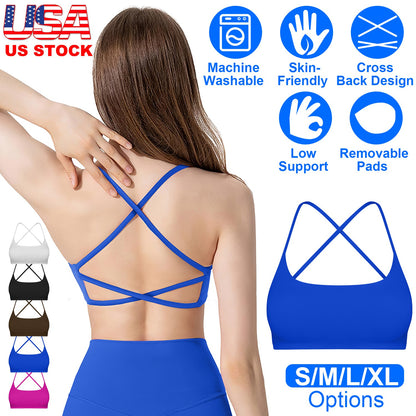 Women Cross Back Sport Bras Padded Strappy Crop Open Back Low Impact Bras Sexy Fitness Tank Tops with Removable Pads Thin Straps for Gym Yoga Workout