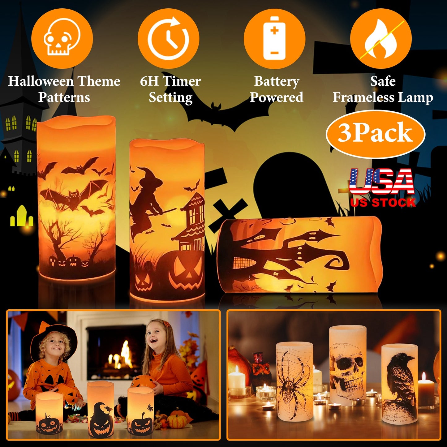Flameless Halloween Candles with Timer - 3 Pack LED Battery Operated