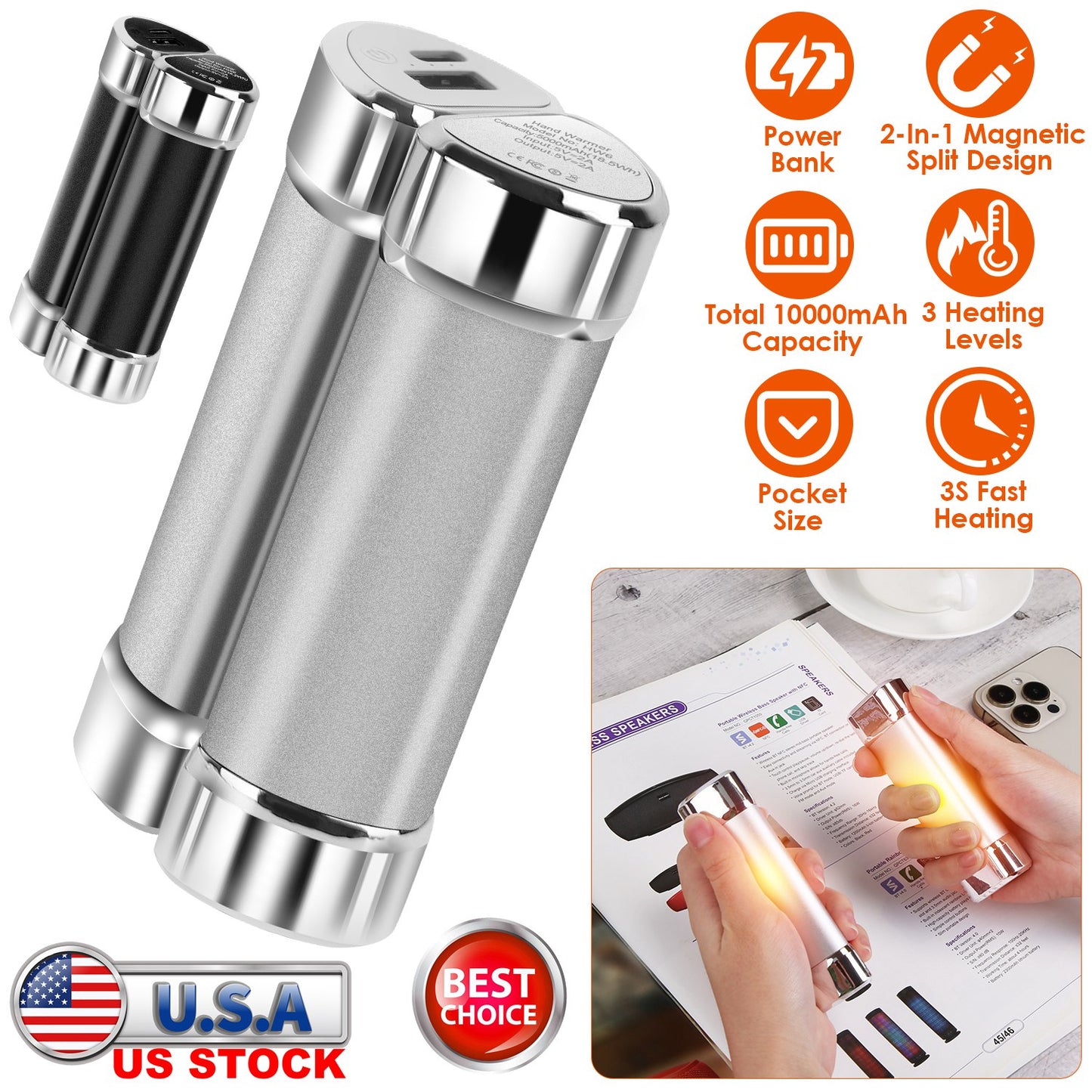 Magnetic Hand Warmers 2-Pack with 10000mAh Power Bank