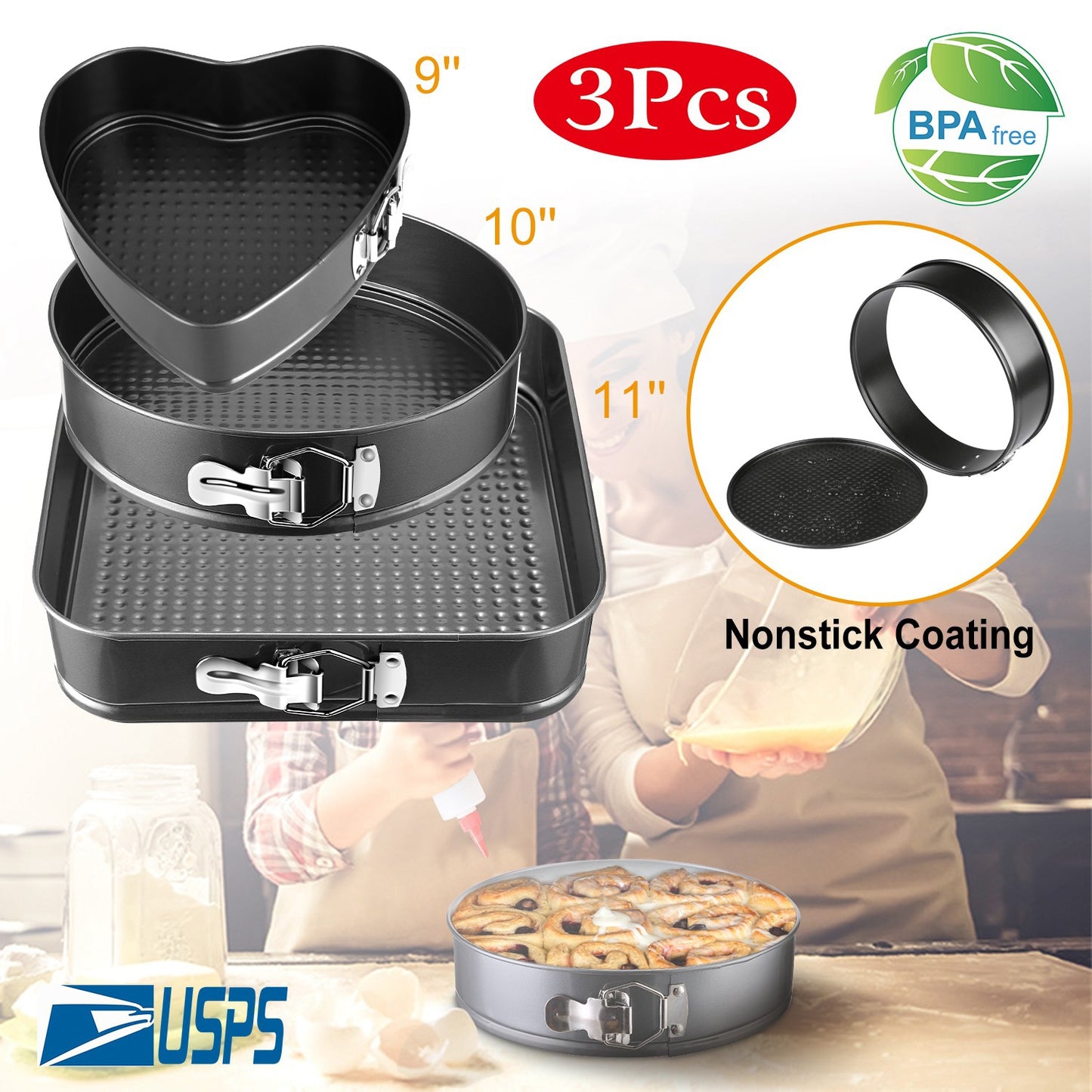 Springform Cake Pan Set 3-Piece Non-Stick with Removable Bottom