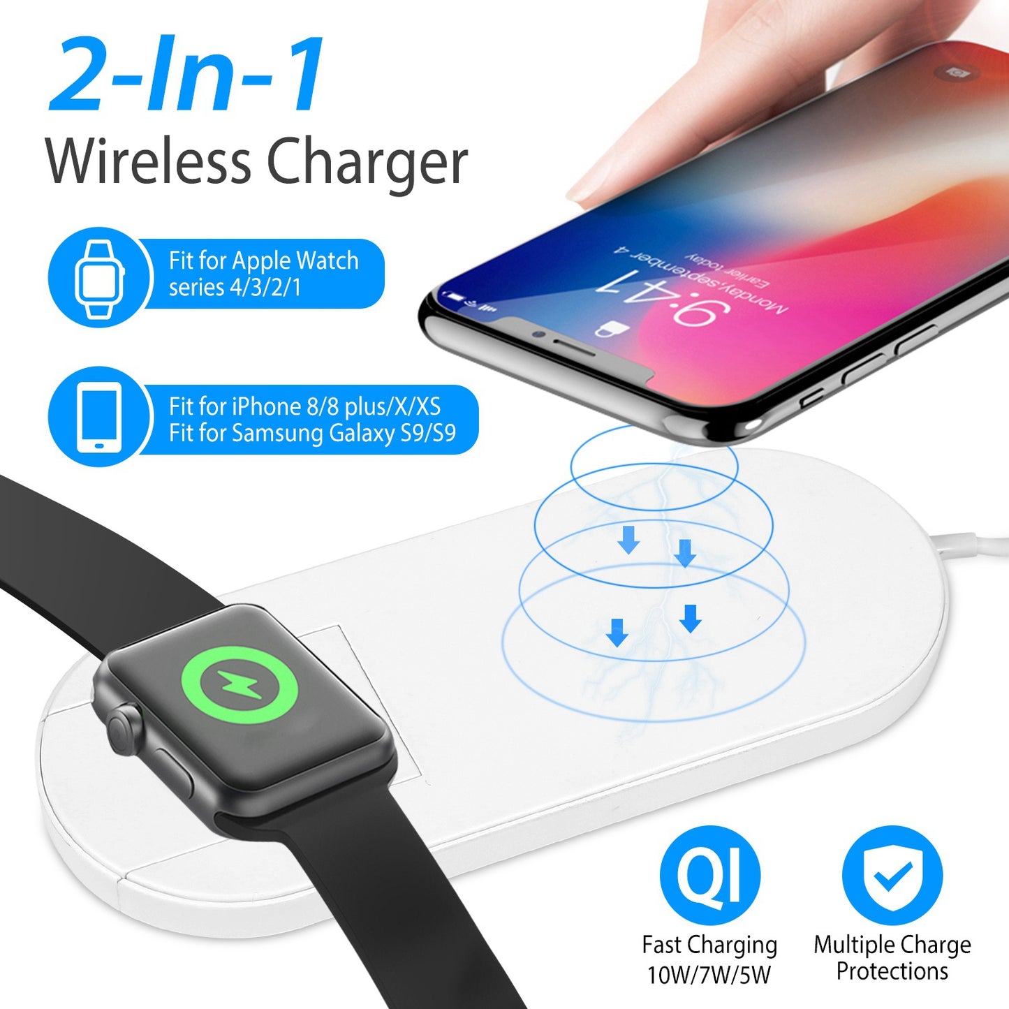 2-in-1 Wireless Charger for iPhone & Apple Watch - 10W Qi Pad