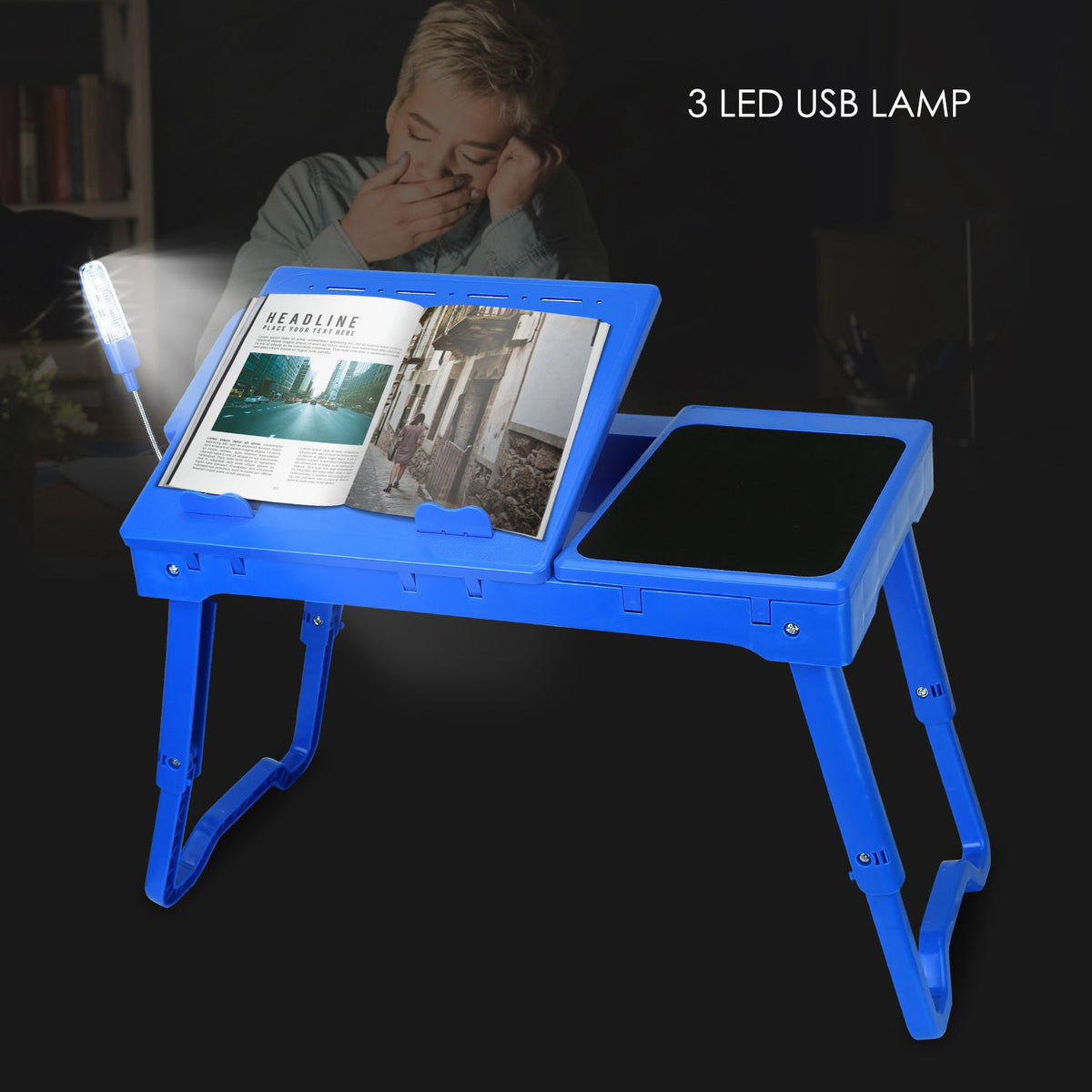 Foldable Laptop Table Bed Notebook Desk w/Cooling Fan Mouse Board LED light 4 x USB Ports Breakfast Snacking Tray with Storage Groove For Home Office