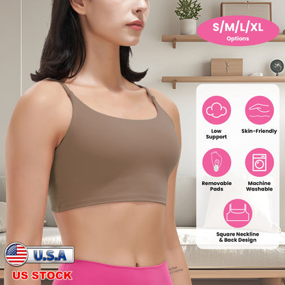 Women Strap Sport Bras Padded Strappy Crop Square Neck Low Impact Bras Sexy Fitness Tank Tops with Removable Pads Flat Straps for Gym Yoga Workout Run