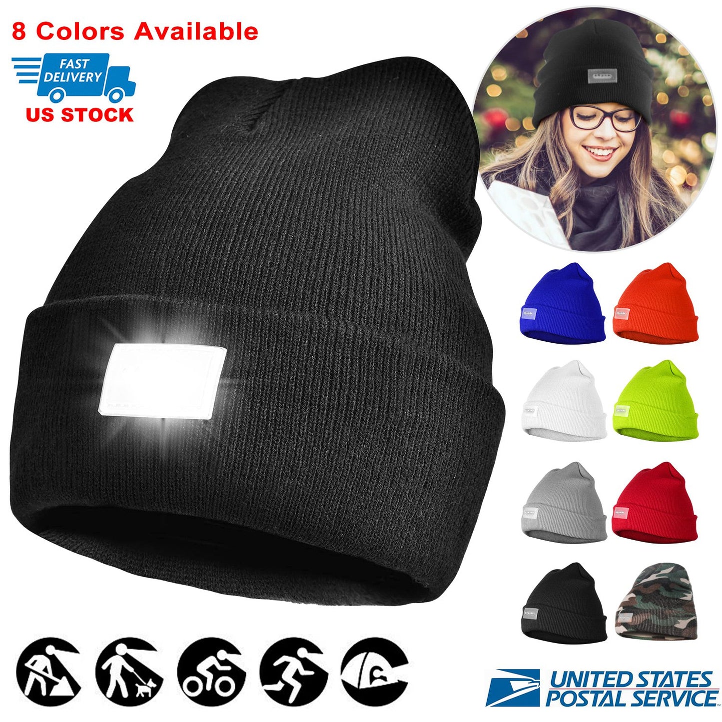 LED Knitted Beanie with Built-In Headlamp for Hands-Free Light