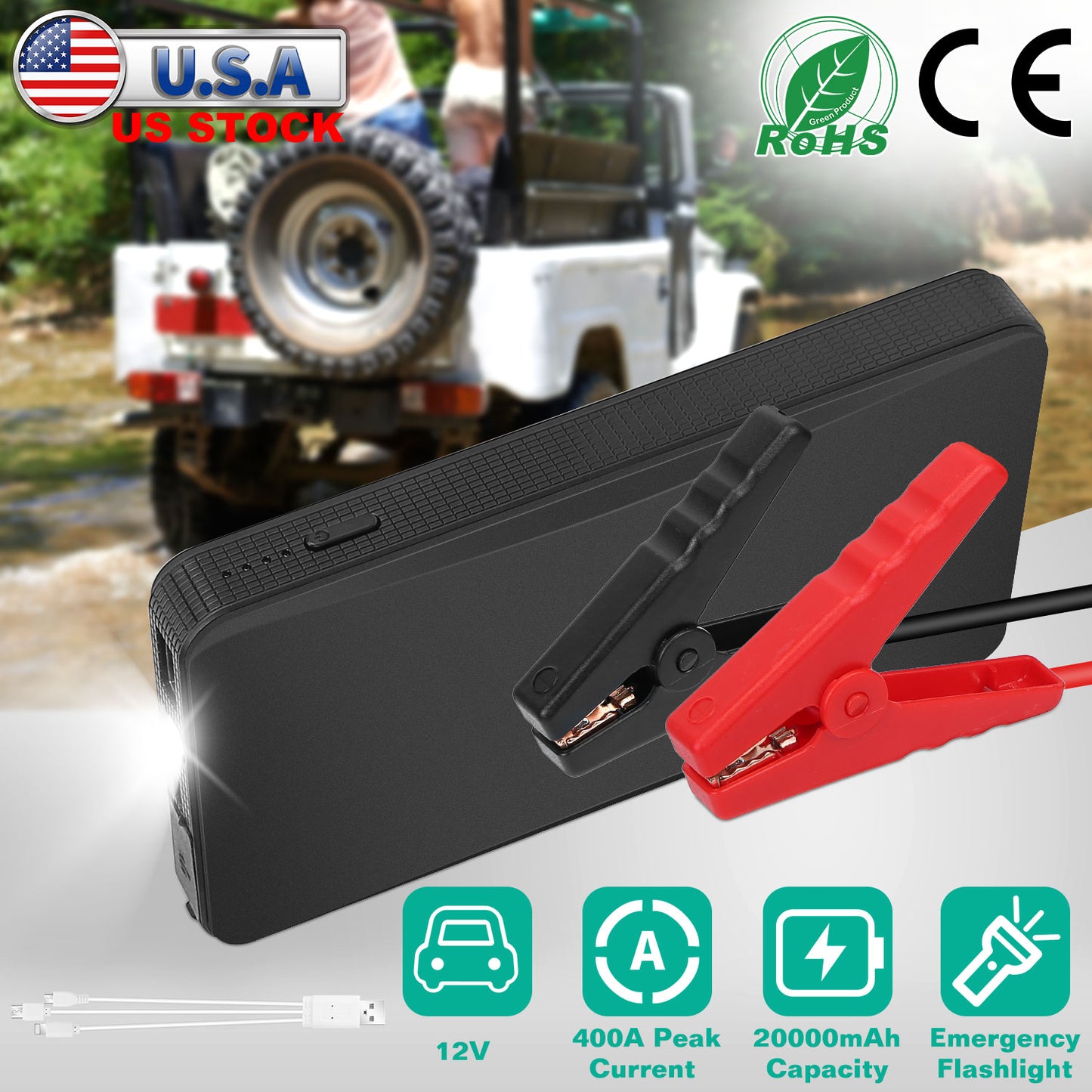 Car Jump Starter 400A Peak 20000mAh with LED Flashlight