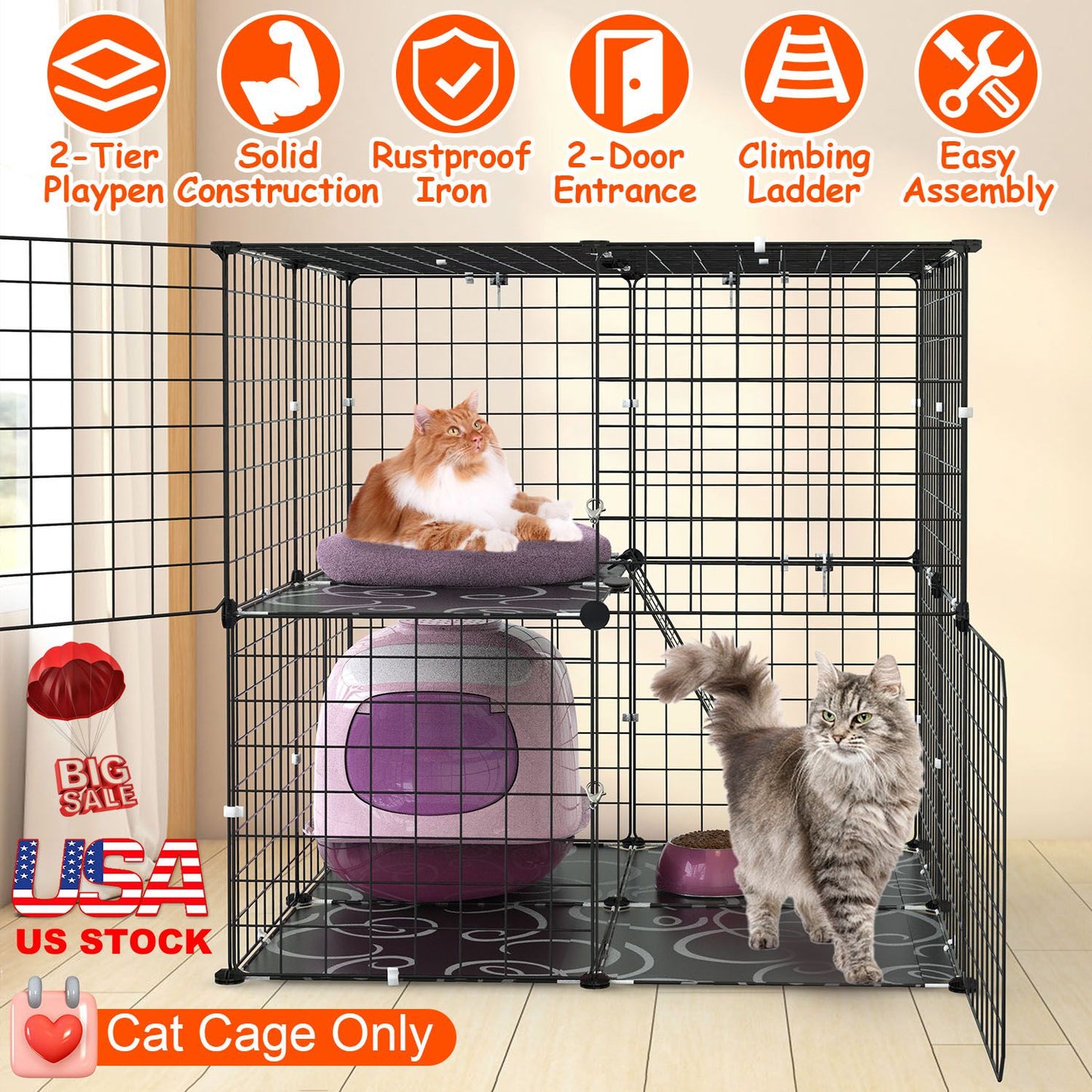 2-Tier Cat Cage Playpen with Climbing Ladder & Dual Doors