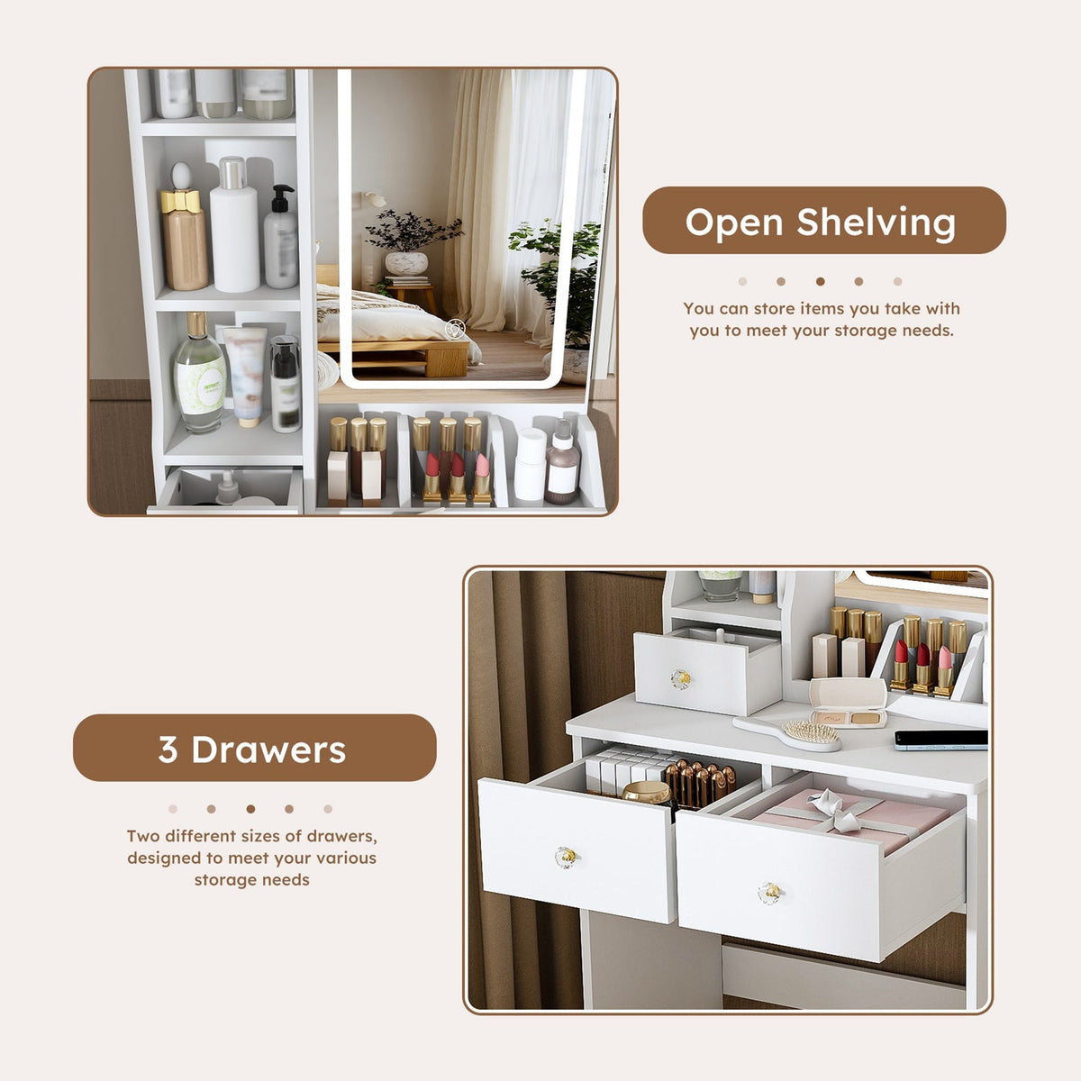 Vanity Desk Set with Lighted Mirror, 4 Drawers & Stool