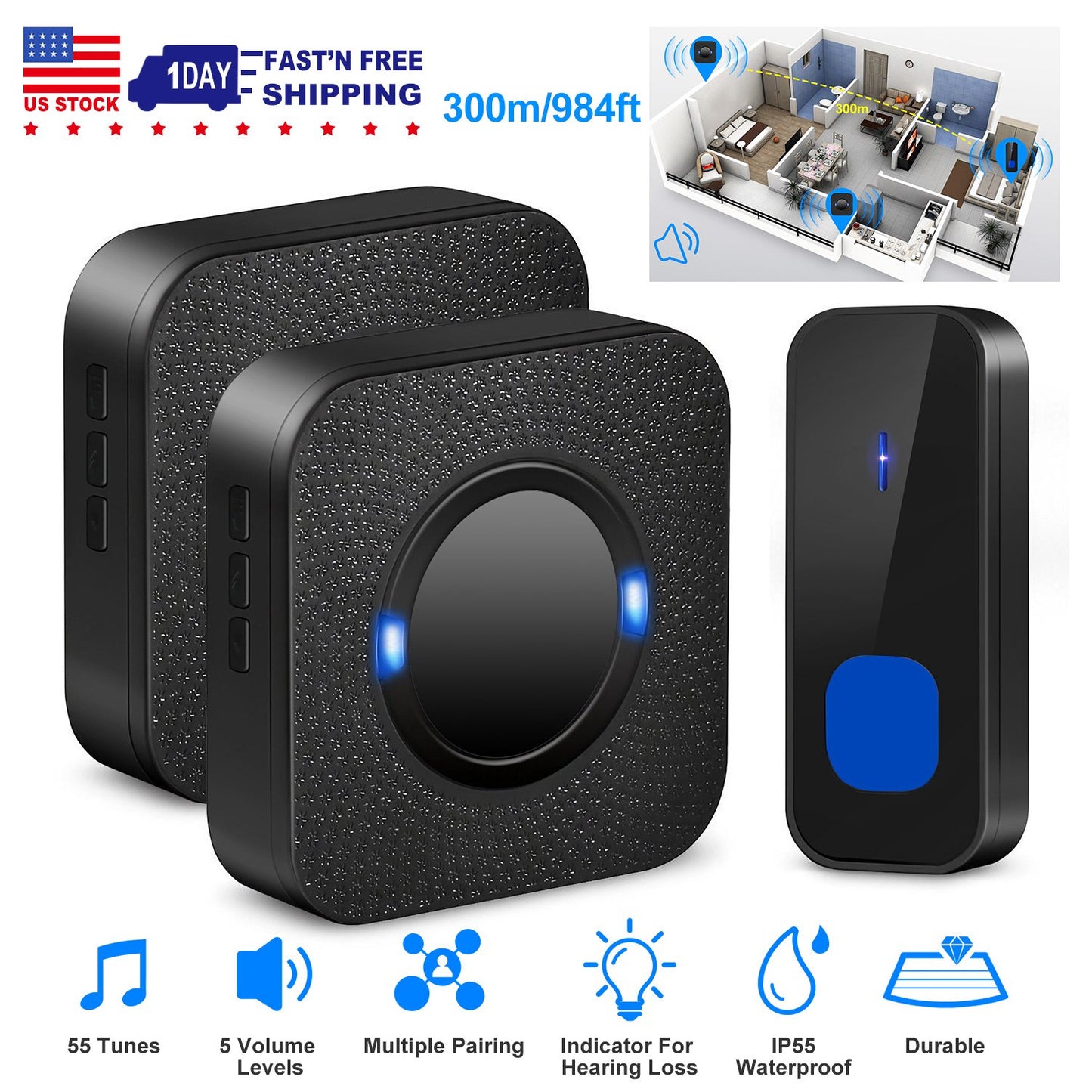 Wireless Doorbell with 984ft Range & 55 Chimes